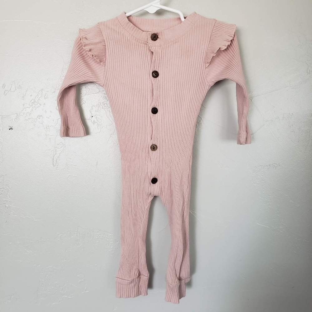 Baby Girl Light Pink Ribbed Long Sleeve Footless Bodysuit Outfit Ruffles Boho